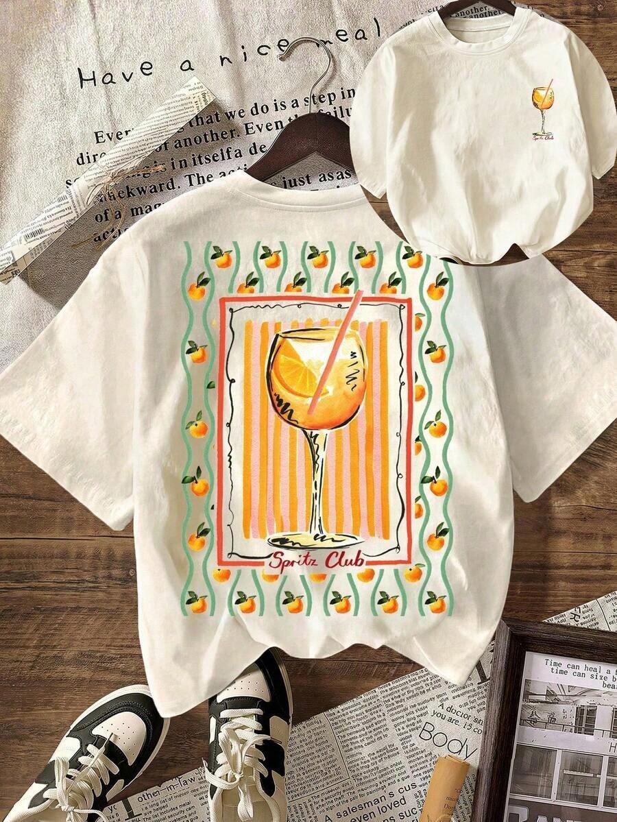 Camiseta Casual de Verano para Mujer con Estampado de Frutas y Patrón de Club de Bebidas, Cuello Redondo, Manga Corta, para Vacaciones de Verano - Albaricoque - Ver 1