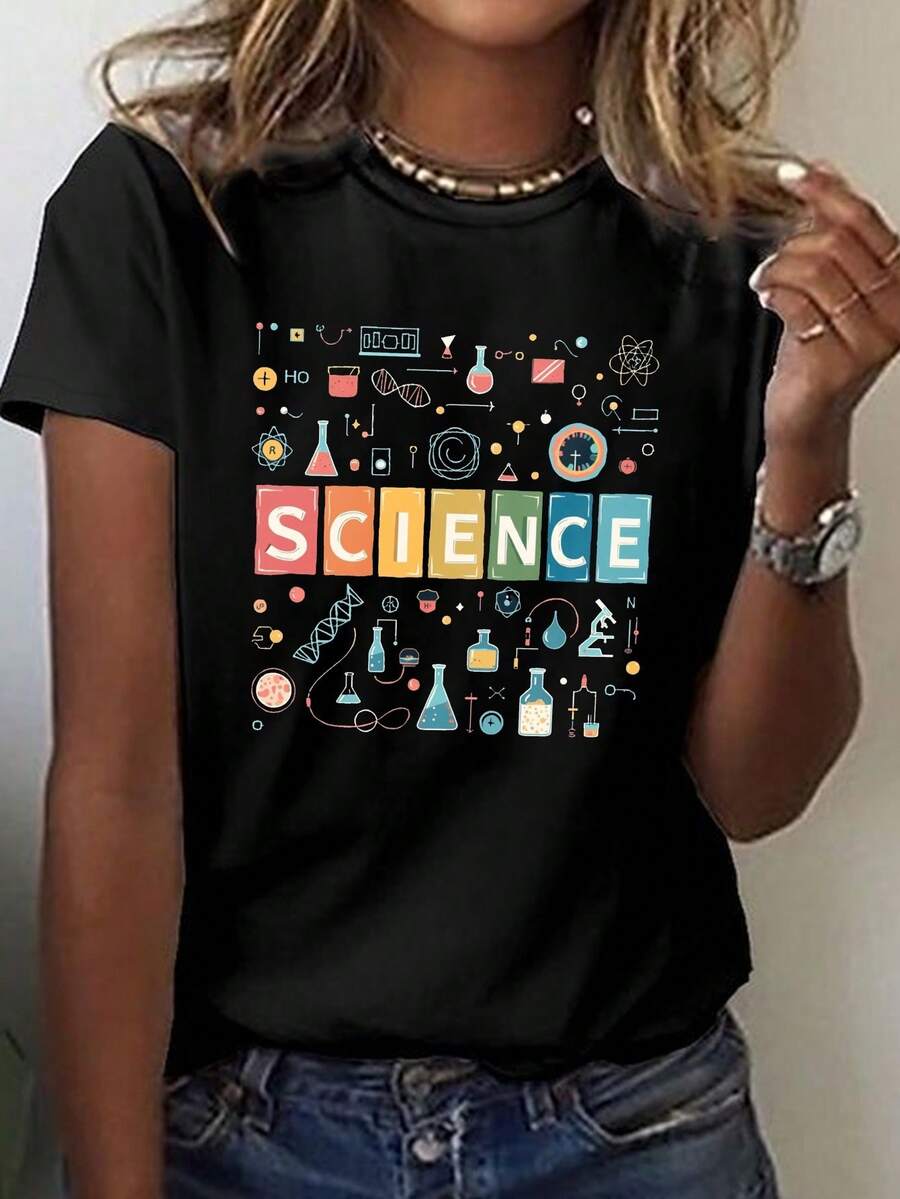 Camiseta de manga corta con estampado de laboratorio científico para mujer - Top casual de cuello redondo con elasticidad media, cómoda para todas las estaciones, moda de primavera, fácil de lavar a máquina, esencial para eventos con temática científica, camiseta estampada de ajuste cómodo, blusas para mujer - Negro - Ver 1