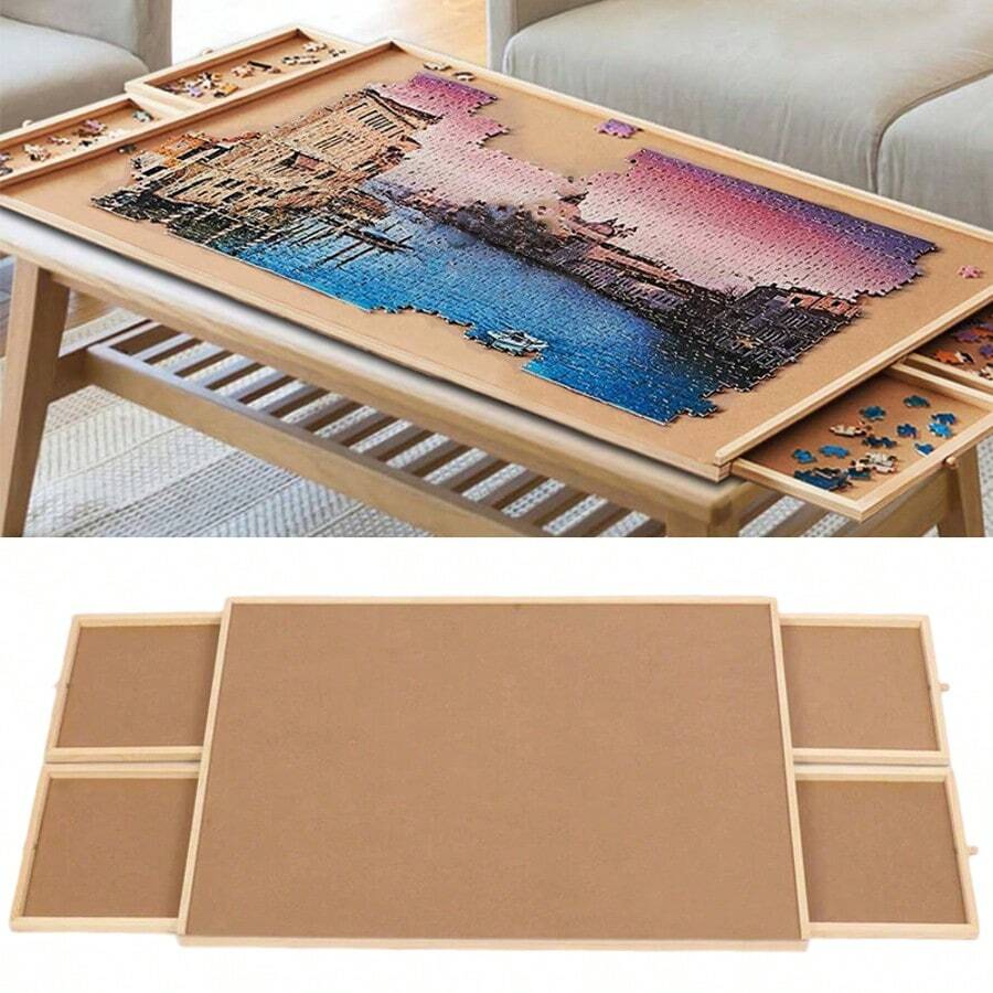 Wooden Jigsaw Puzzle Board Portable Puzzle Storage Table W 4-Slid Drawer 1000pcs - Brown - View 1