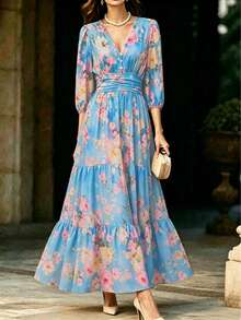 Boho Sommer elegantes lässiges blaues Blumen Maxikleid für Frauen, V-Ausschnitt, Laternärmel, Volant A-Linie Kleid für Urlaub, Feiertage, Ausgehen, Party Outfits - Blau - Übersicht 1