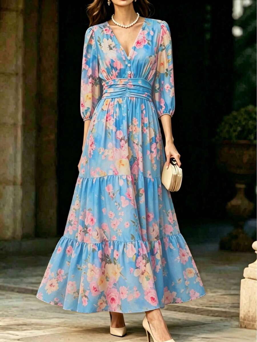 Boho Sommer elegantes lässiges blaues Blumen Maxikleid für Frauen, V-Ausschnitt, Laternärmel, Volant A-Linie Kleid für Urlaub, Feiertage, Ausgehen, Party Outfits - Blau - Übersicht 1