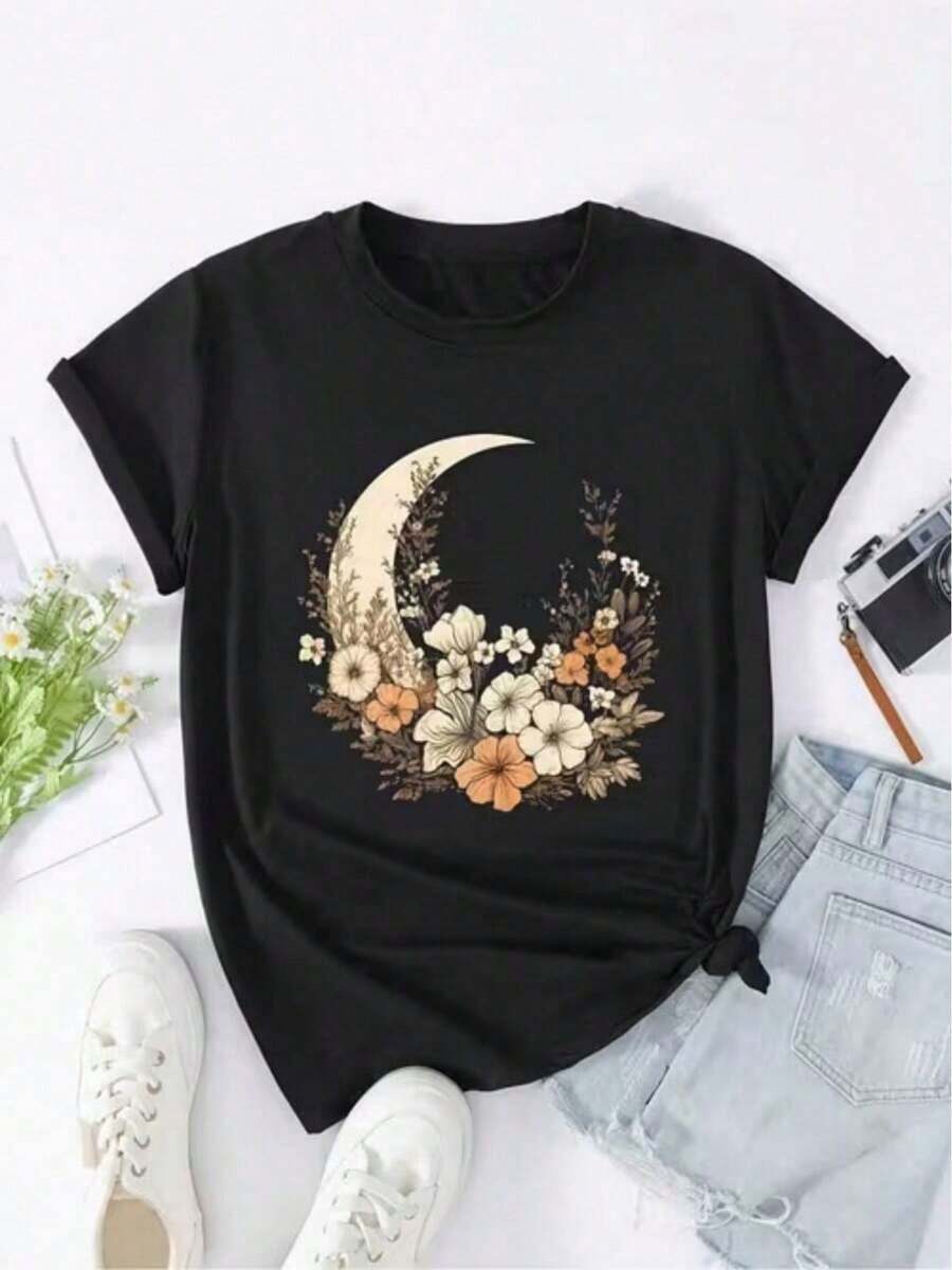 Crescent Moon Bouquet Print T-Shirt, Casual T-Shirt, Everyday T-Shirt, Holiday T-Shirt, Sports T-Shirt, Women's Clothing, Simple And Elegant. - 黑色 - 查看 1