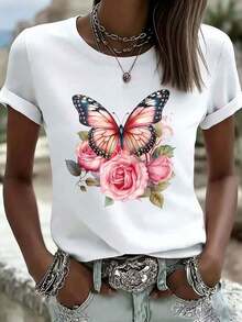 Camiseta de Mujer con Estampado Floral de Mariposas y Rosas Estilo Bohemio, Top Casual de Verano, Camiseta Gráfica de Moda, Camiseta de Algodón - Blanco - Ver 1