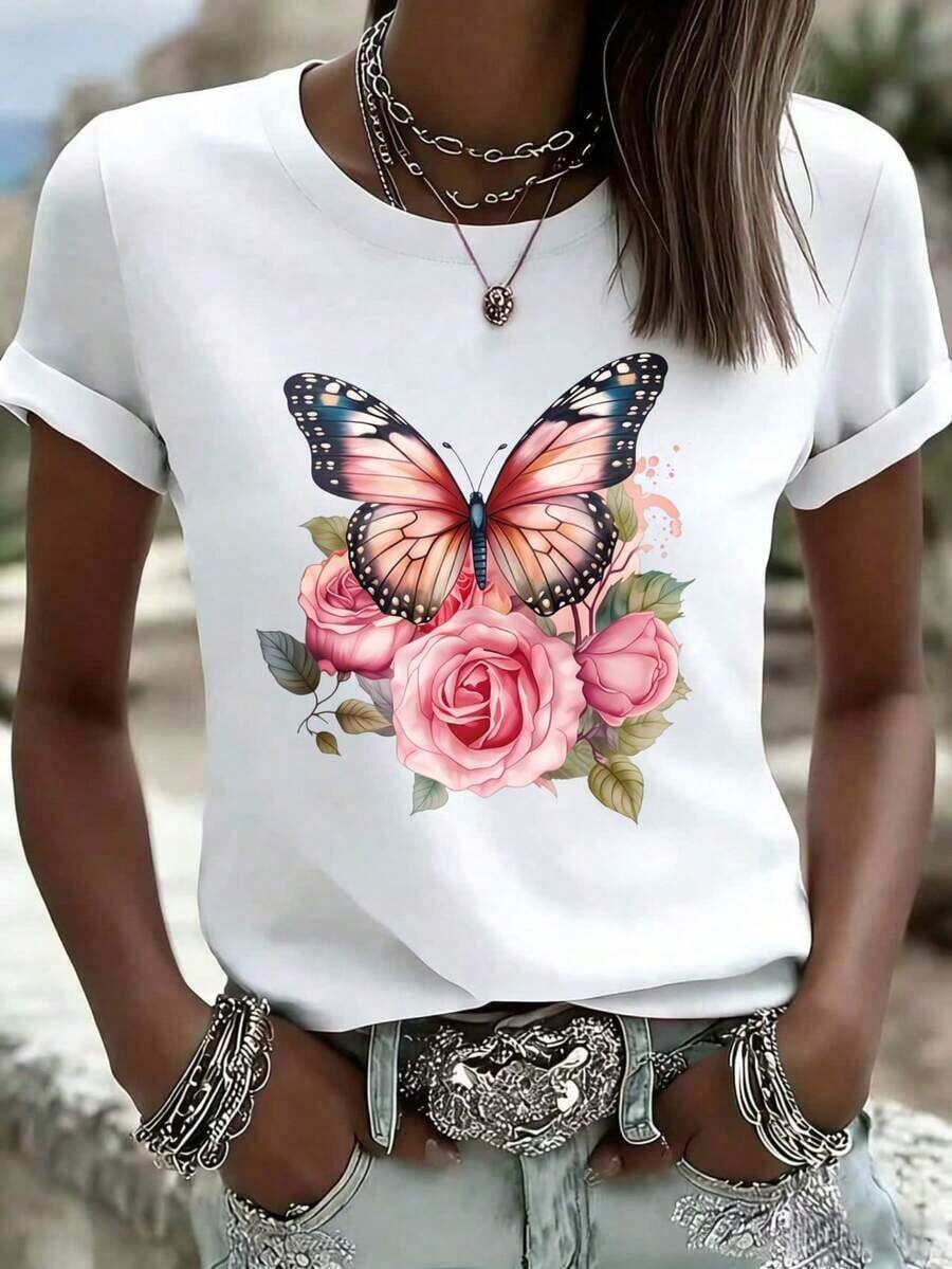 Camiseta de Mujer con Estampado Floral de Mariposas y Rosas Estilo Bohemio, Top Casual de Verano, Camiseta Gráfica de Moda, Camiseta de Algodón - Blanco - Ver 1
