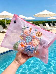 Multi Color Waterproof Fashionable Mesh Beach Bag, Colorful "Marine Creatures And Shells" Printed Makeup Bag, Beach Theme. Large Capacity Transparent Makeup Bag, Nylon Zipper Wash Bag - Lightweight, Can Store Sunscreen, Snacks, Bikinis, And Beach Essentials. Spring And Summer Storage, Perfect For Swimming, Beach, Diving - Multicolor - View 2