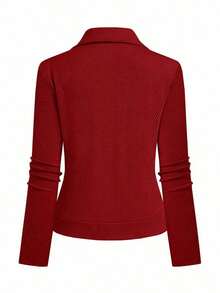 Chaqueta de motorista informal con cuello alto, textura y cierre de cremallera - Rojo - Ver 2