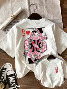 Women's Casual Summer T-Shirt, Retro Style, Playing Card Print, Heart, Q, Red Heart, Round Neck, Pure Cotton, Short Sleeve, Breathable And Comfortable - 白色 - 查看 1