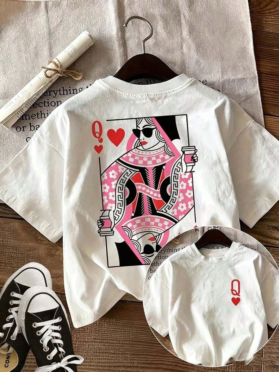 Women's Casual Summer T-Shirt, Retro Style, Playing Card Print, Heart, Q, Red Heart, Round Neck, Pure Cotton, Short Sleeve, Breathable And Comfortable - 白色 - 查看 1