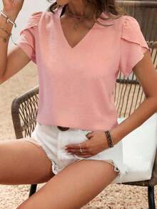 Blusa de unicolor casual con mangas con diseño de pétalos para vacaciones - Rosa 2 - Ver 5