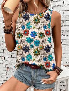 Camiseta sin mangas de cuello redondo con estampado floral casual, adecuada para el verano y el regreso a la escuela - Multicolor 4 - Ver 5