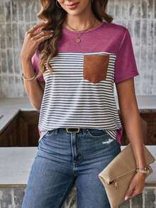 Camiseta de mujer de manga corta con bolsillo y rayas, informal - Multicolor 2 - Ver 1