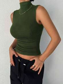 Tops de mujer de cuello alto, ajustados, sin mangas y con envolvente - Verde Oscuro - Ver 3