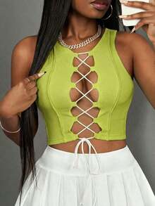 Top corto sin mangas con contraste de color acanalado, estilo casual básico, deportivo, sexy y de calle Y2K para mujeres - Verde Oliva - Ver 8