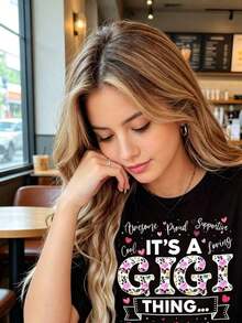 Women's T-Shirt With Floral And Heart Print 'It's A Gigi Thing', Round Neck, Short Sleeve, Casual For Everyday Wear - 白色 - 查看 4