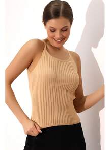 Elegant And Comfy Halter Neck Knit Tank Top Soft Sleeveless Blouse Daily Style - Champagne - View 5