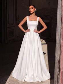 Faeriesty Elegante vestido de noche largo sin mangas de color verde jade, con tirantes de escote cuadrado y diseño sin espalda con tela de satén lujosa, adecuado para damas de honor de boda - Blanco - Ver 5