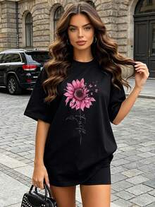 Women's Soft And Casual Short-Sleeved T-Shirt With A Round Neck, Featuring A Pink Sunflower Graphic Print Suitable For Spring And Summer. White. - 黑色 - 查看 2