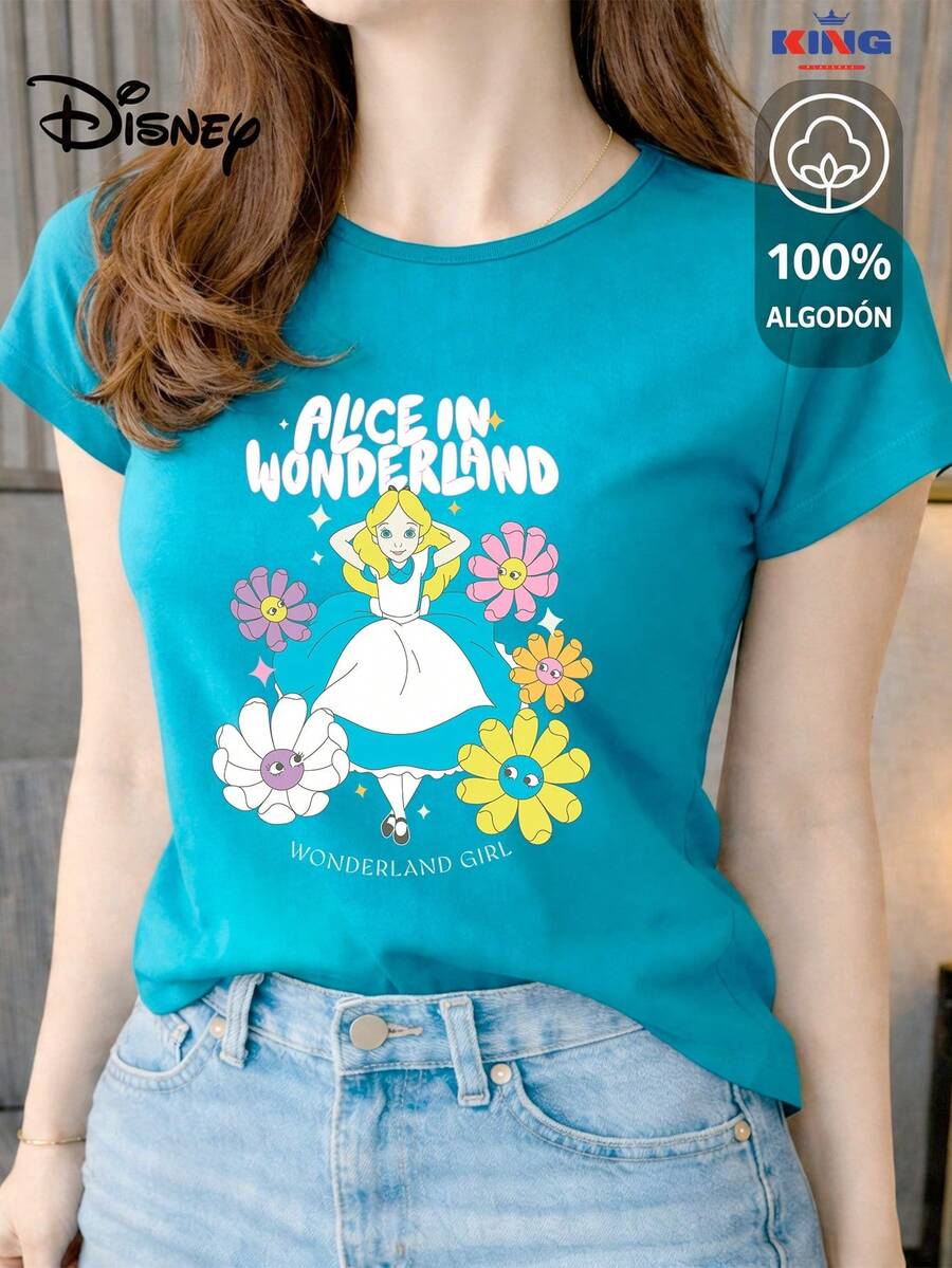 Women's T-Shirt Made Of 100% High-Quality Cotton. This T-Shirt Guarantees Exceptional Softness To The Touch, With A Round Neck, "Disney Alice In Wonderland Girl" Print, And Short Sleeves. - 綠松石 - 查看 1