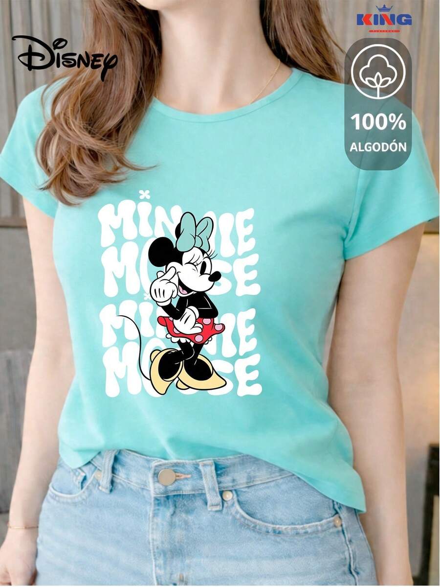 Women's T-Shirt Made Of 100% High-Quality Cotton. This T-Shirt Guarantees Exceptional Softness To The Touch, A Round Neck With A "Disney Minnie Mouse Retro Typography" Print, And Short Sleeves. - 水-Est-White - 查看 1