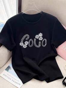 1 pieza de camiseta ajustada de manga corta para mujer  con estampado gráfico blanco, 180g 100% algodón, los diseños están impresos. Unisexo. - Negro - Ver 12
