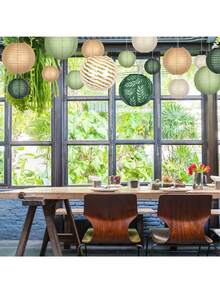 9pcs Party Decor Paper Lantern Set, Sage Green And Brown Hanging Paper Lanterns, Suitable For Green Boho Wedding, Birthday, Teen Bash, Neutral Party Decor, Green Brown Hanging Paper Lanterns, Wedding Ceremony, Bridal Shower, Rustic Wedding Decoration - B - View 4