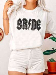 Distressed Print Bridal T-Shirt - Women's - Bold Bridal Tee - Rocker Bride - Cool Bridal Tee - Bride-To-Be Tee - Bachelorette Party Tee, Classic Oversized Short Sleeve Thick Cotton Graphic Print Tee, Casual Short Sleeve Top For Women, 100% Cotton - 黑色 - 查看 1