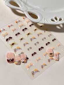 Cute Cat Face French Tip Nail Stickers, 1 Sheet 5D Self-Adhesive Kitten Pattern Nail Decals, Kawaii Cartoon Cat Head Nail Art Decor For Girls & Cat Lovers DIY Manicure - Multicolor - View 2