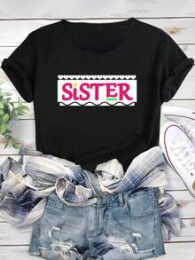 'Sister' Letter Print Crew Neck Sports T-Shirt, Casual Loose Short Sleeve Top, Women's Sportswear, Short Sleeve T-Shirt - 黑色 - 查看 1