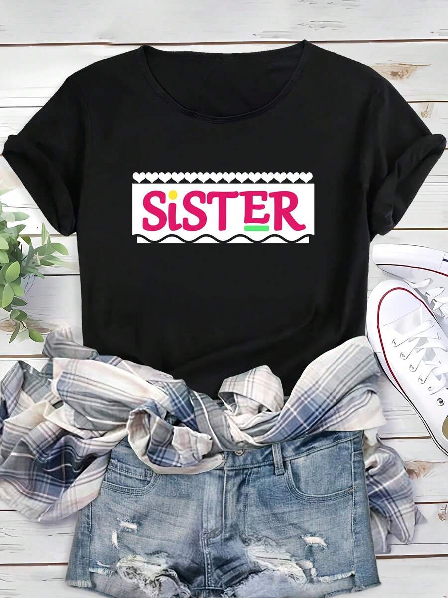 'Sister' Letter Print Crew Neck Sports T-Shirt, Casual Loose Short Sleeve Top, Women's Sportswear, Short Sleeve T-Shirt - 黑色 - 查看 1