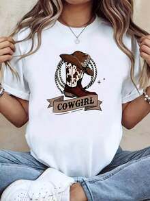 Camiseta de Mujer Cultura Maya con Estampado de Texto "COWGIRL", con Diseño de Botas Vaqueras y Sombrero de Vaquero. Camiseta Blanca de Manga Corta y Cuello Redondo con Estampado - Lavable a Máquina, Adecuada para Primavera, Verano y Otoño. Estilo Casual, Ajuste Cómodo, Diseño ModernoCamiseta Algodón - Blanco - Ver 9