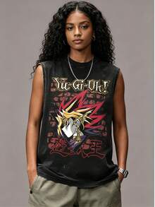 Men's Vintage Washed Black Sleeveless Tank Top,  Yugi Anime Graphic Print, Classic Japanese Trading Card Game Streetwear Muscle Shirt, Casual Loose Fit Cotton Blend Workout Vest For Anime Fans, Summer, And Daily Casual Outfits - 黑色 - 查看 4