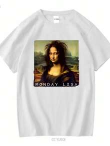 blusas para mujer La Gioconda Mona Lisa Funny Monday Cute Ladies' Crewneck T Shirt long or short sleeves vintage Washed designer clothes Stylish - Blanco - Ver 1