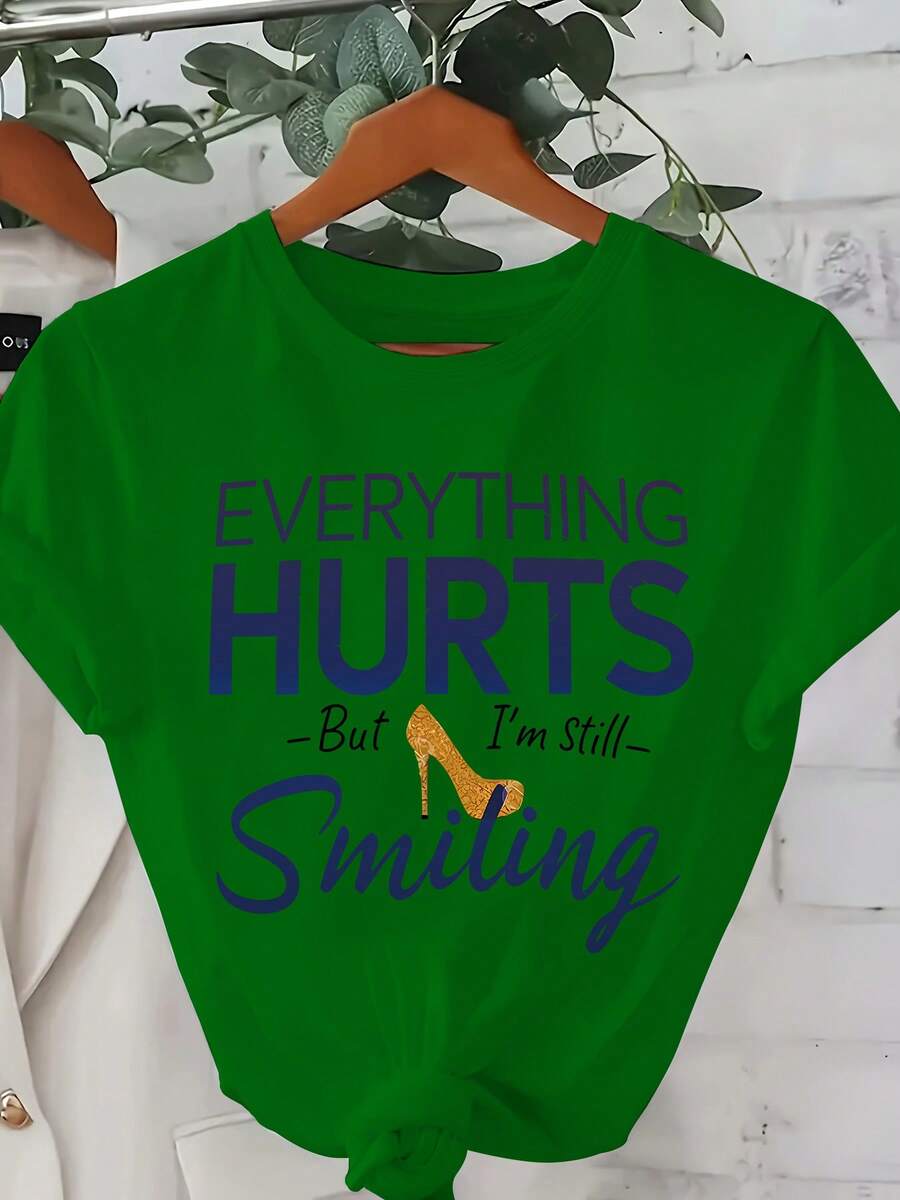 Plus Size, Women's Fashionable Printed Casual T-Shirt 0-8XL, Base Layer, Daily Wear, Personality, All Year Round, Comfortable Fit, Letters, Funny Women's T-Shirt "Everything Hurts, I'm Hungry", Crew Neck Short Sleeve, Summer Polyester Blend, Regular Fit T-Shirt - 綠色的 - 查看 1