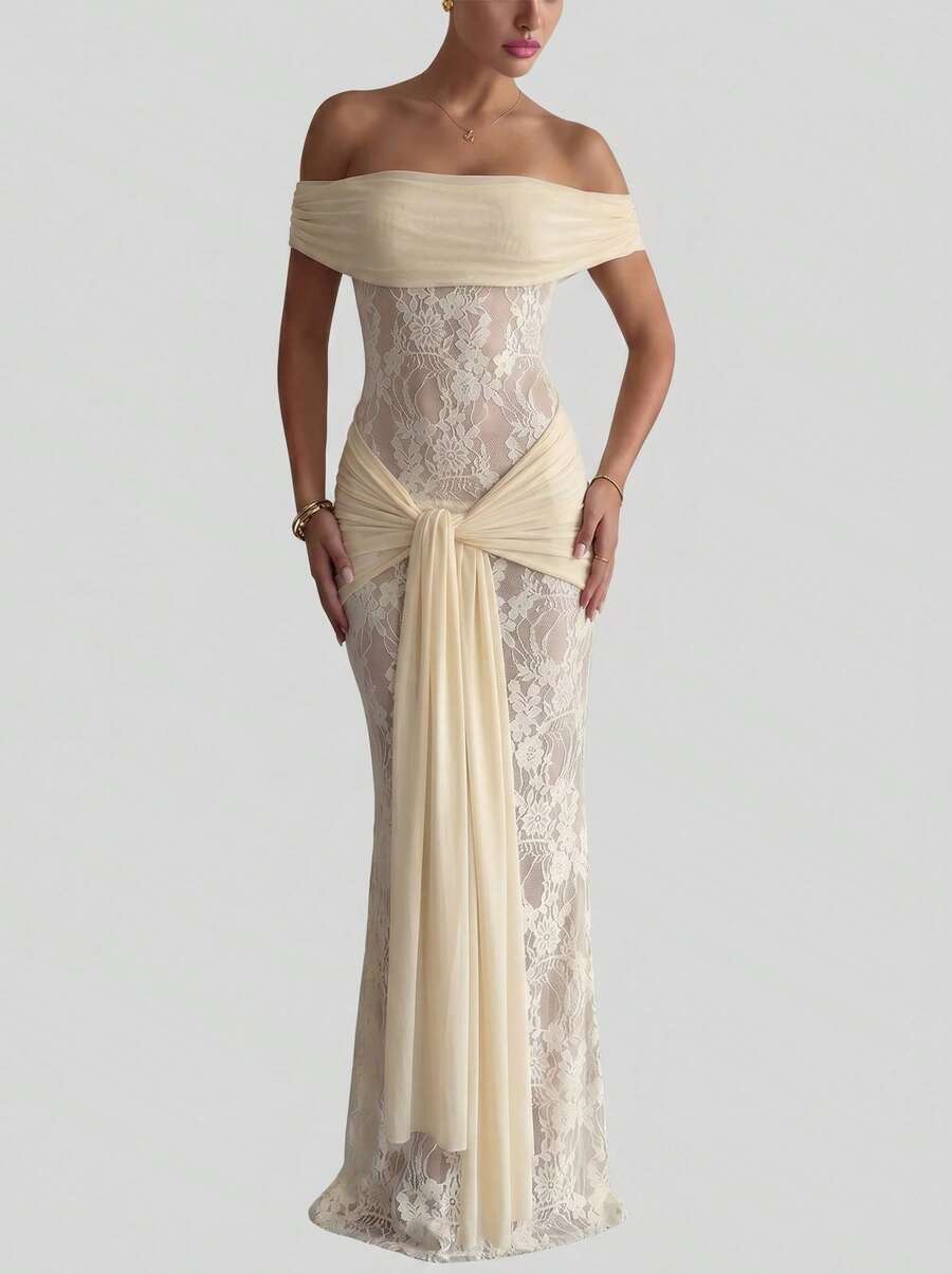Sedessea Women's Solid Color Lace Patchwork Tie-Up Sexy Elegant Vacation Dress Summer - Apricot - View 1