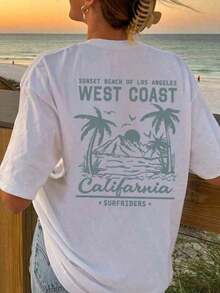 Women's 100% Cotton T-Shirt With A Sun And Beach Print Of West California, Perfect For Summer, The Beach, Music Festivals, And Vacations. It Features A Retro American Graphic Design, Making It A Great Summer And Casual T-Shirt, Ideal For Women's Vacations, With A Fun And  Design. - 白色 2 - 查看 5