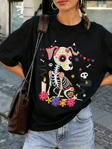 Camiseta de moda femenina de verano de manga corta camiseta de moda casual al aire libre 'perro esquelético' camiseta casual femenina con estampado relajado - Negro - Ver 1