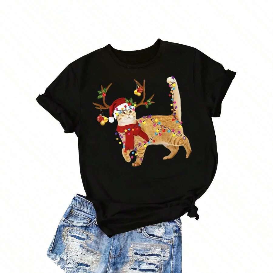 Women's Christmas T-Shirt With Cat Design - Black Top With Santa Hat And Gingerbread Cat, Machine Washable, Perfect For Christmas Parties And Everyday Winter Wear - Cute Christmas Clothes, Modern Design, Comfortable Fabric, Printed T-Shirt, Casual Style RS7T FOKC WIF0 - 白色 - 查看 1