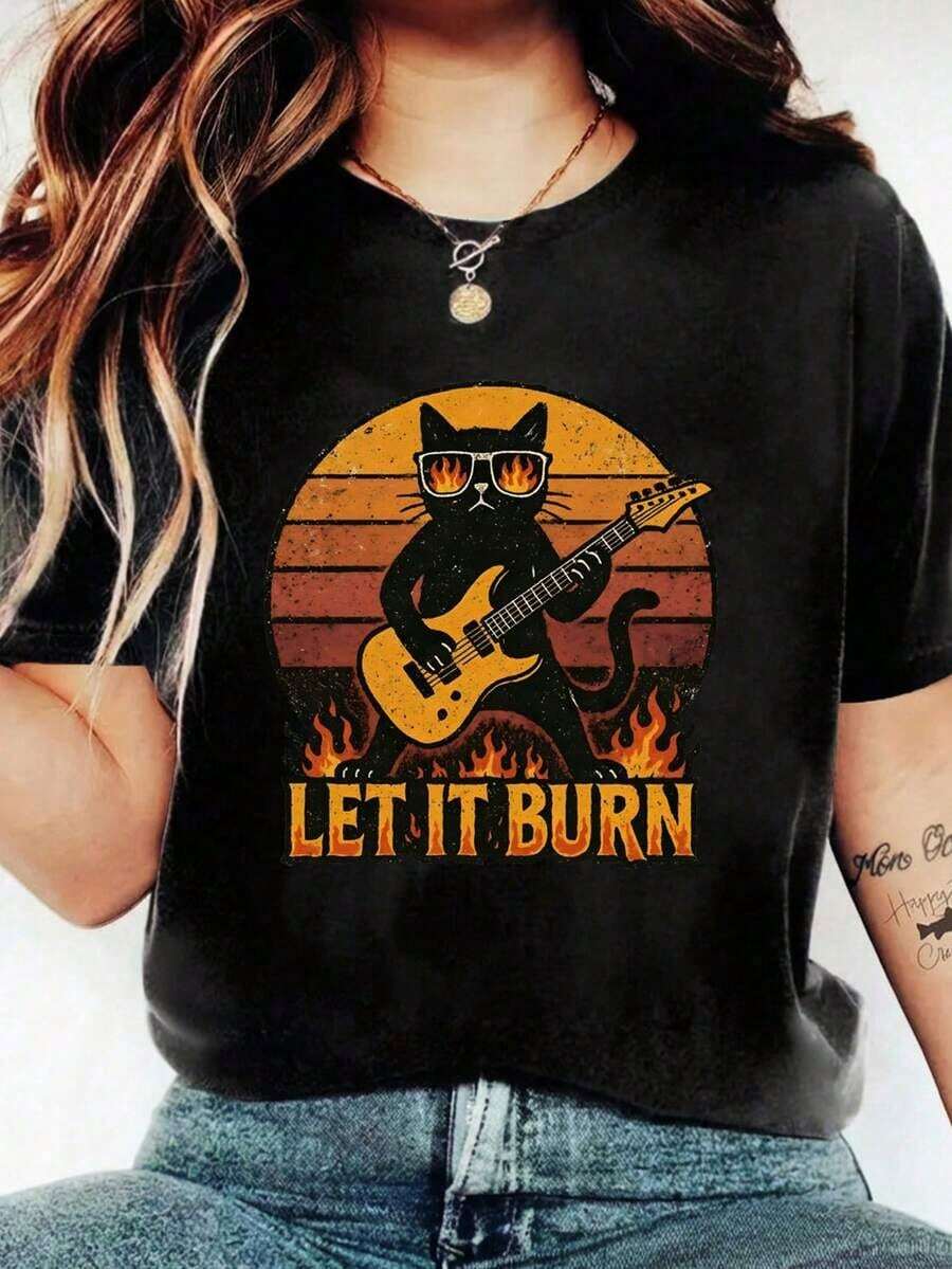 Camiseta de mujer de manga corta con cuello redondo, estampado de gato con música, lema y llama - Negro - Ver 1