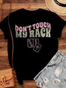 Soft Mahjong T-Shirt 'Don't Touch My Rack' For Women, Casual Graphic Tee, Fun Top For Mahjong Game Lovers, Gift Idea For Chinese New Year And Festivals, 200g, Casual Blouse For Women, Blouses For Women, Cotton T-Shirts For Women - 黑色 - 查看 3