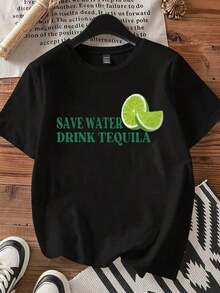 Camiseta con la impresión "Ahorra Agua, Bebe Tequila" y una rodaja de lima para uso casual y atuendos de fiesta.blusa casual mujer - Negro - Ver 4