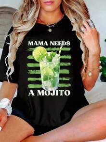 1 Piece Women's Funny Graphic Tee With The Phrase "Mama Needs A Mojito" - Lime And Mint Print, Casual Short Sleeve Crew Neck Tee For Summer, Beach Parties And Casual Outfits - Comfortable Moisture-Wicking Fabric, Versatile Top For All Seasons - 180g 100% Cotton - 黑色 - 查看 1