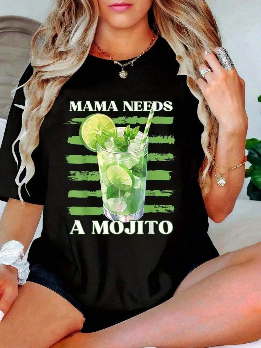 1 Piece Women's Funny Graphic Tee With The Phrase "Mama Needs A Mojito" - Lime And Mint Print, Casual Short Sleeve Crew Neck Tee For Summer, Beach Parties And Casual Outfits - Comfortable Moisture-Wicking Fabric, Versatile Top For All Seasons - 180g 100% Cotton - 黑色 - 查看 1