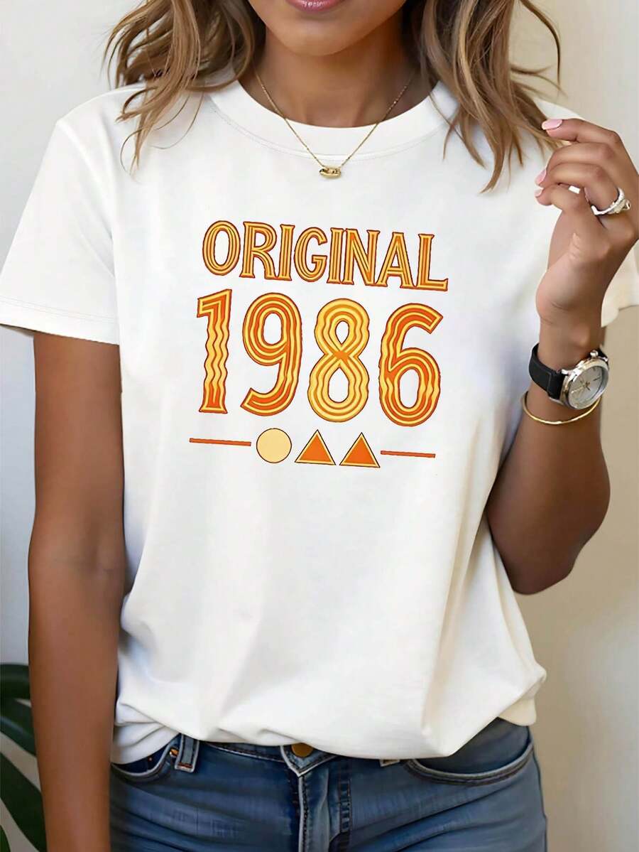 1 Piece Of Women's Short-Sleeved T-Shirt, Vintage Style ORIGINAL 1986, With Text Print, Round Neck, For Spring/Summer, Suitable For Casual Shopping, Christmas Gifts, Friend Gatherings And Holiday Wear, 180g 100% Cotton. - 白色 - 查看 1