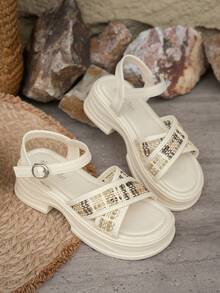 Giày sandal đế xuồng dày dặn thời trang mới mùa hè 2026 dành cho nữ, quai màu be, giúp tăng chiều cao, thon gọn, kiểu dáng cổ điển đa năng, hở mũi, thích hợp đi biển. - Màu be - Xem 2