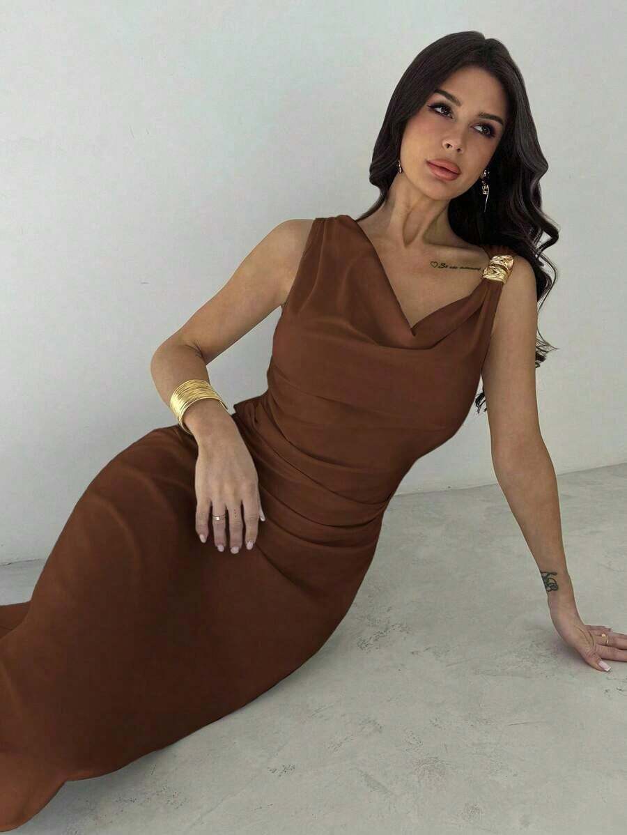 Women's White Asymmetrical Neckline Dress With Ruffles At The Waist, Elegant And Sexy Dress For Work, Vacation, Fashionable And Modern, For Spring/Summer, For Work, Elegant, Sexy, Vacation, Beach, Hawaii, Wedding Season, Graduation Ceremony, Prom - 棕色 - 查看 1
