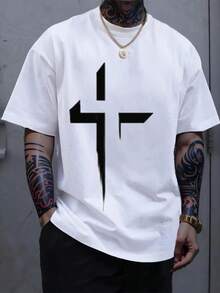 Men's Pure Cotton T-Shirt, Suitable For All Seasons, With A Round Neck And Stylish Crossover Print – Casual Short Sleeves, Regular Fit, Soft And Breathable Fabric, Suitable For Everyday And Weekend Wear. - White - View 8