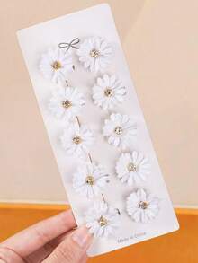 10pcs White & Beige Daisy Rhinestone Flower Small Hair Clips, Minimalist Side Bangs Clips, Sweet Girl Accessories, Suitable For Daily Use, Gift,Hair Slide,Claw Clips - Multicolor - View 7