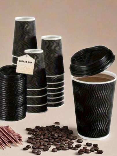 1/3/5 Juegos de vasos de papel negro para café con tapas, juegos de vasos con tapa negra, adecuados para fiestas, té de burbujas, café, para llevar, contenedores de bebidas calientes para viajes, aplicables para café, agua, té, adecuados para cafeterías, oficinas y eventos