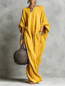 Elegant Solid Color Casual Maxi Dress, European American Retro Style 2026, Women's Long Sleeve Off-Shoulder - Yellow - View 1