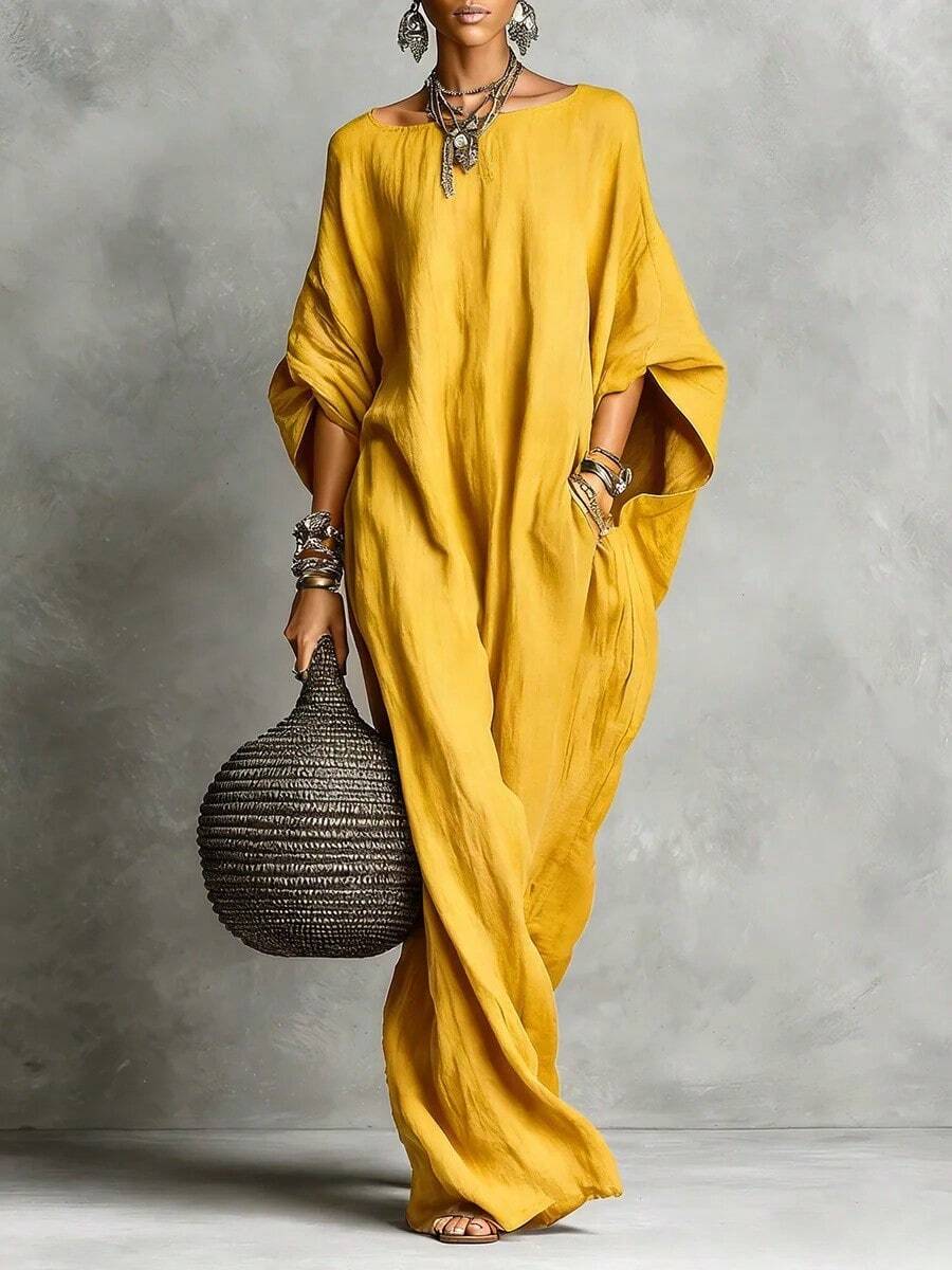 Elegant Solid Color Casual Maxi Dress, European American Retro Style 2026, Women's Long Sleeve Off-Shoulder - Yellow - View 1